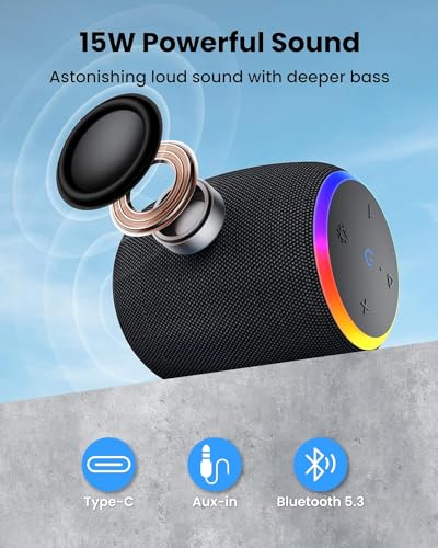 Bluetooth Speakers.Portable Wireless Speaker with 15W Stereo Sound. IPX6 Waterproof Speaker with LED Light. Bluetooth TWS. Portable Speaker for Shower Outdoor Party Beach Camping