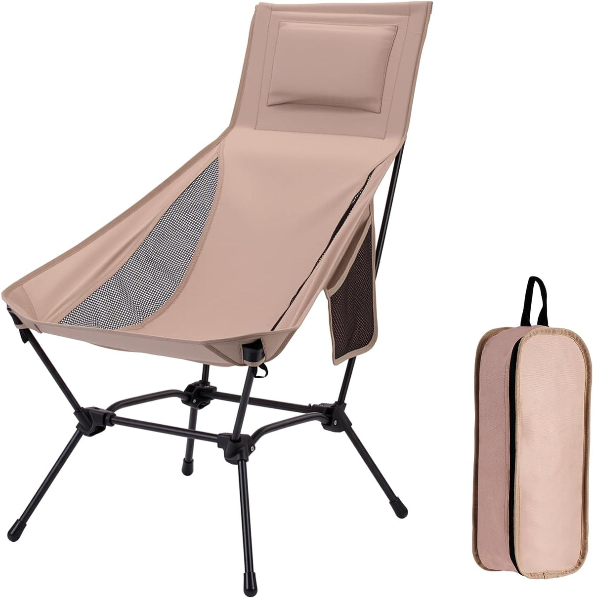 High Back Folding Camping Chair with Pillow, Lightweight Portable Chair for Adults, 2-in-1 Height Adjustment, Deep Recline, Side Pockets for Camping Motorcycle RV Backpacking