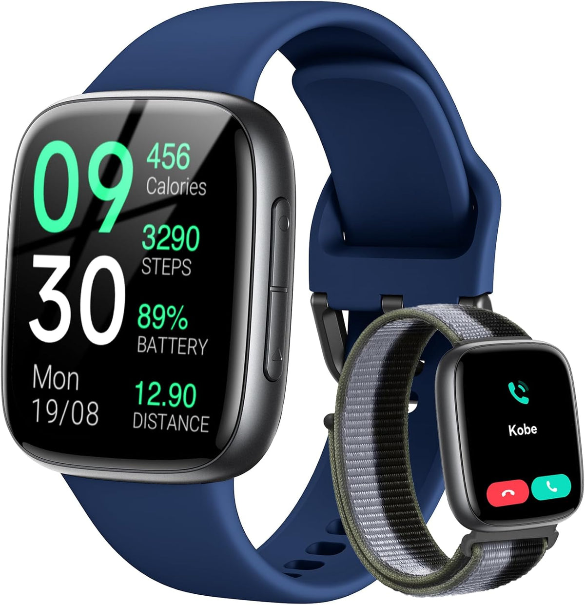 Smart Watch: 1.85" AMOLED Call Answer, Heart Rate/SpO₂, 100+ Sports, 3ATM Waterproof, 2 Bands
