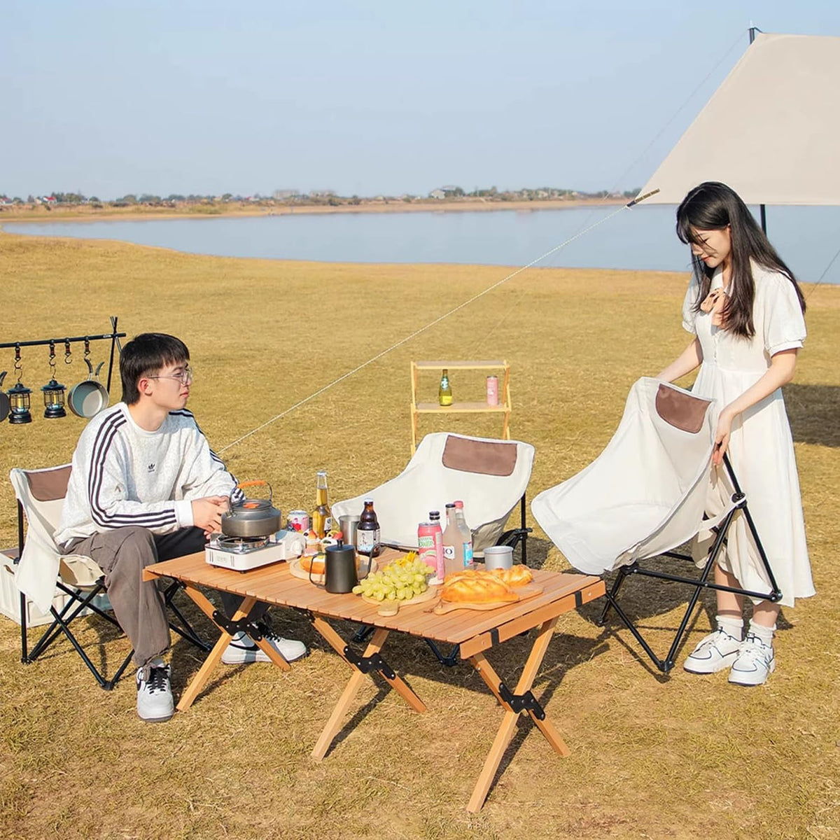 Ultralight Folding Camping Chair, 450 lbs Capacity, Off-white, Solid, Adult, Outdoor, Beach, Lawn, Campground
