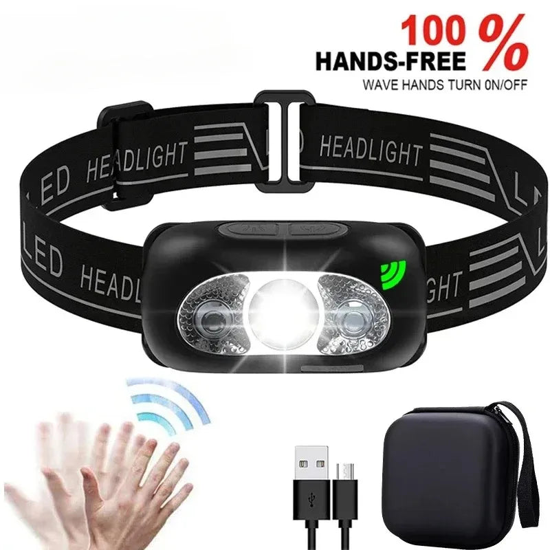 HOMEFISH Super Bright LED Headlamp USB-C Rechargeable Sensor Headlight Waterproof Flashlight for Camping Hiking Fishing Emergenc