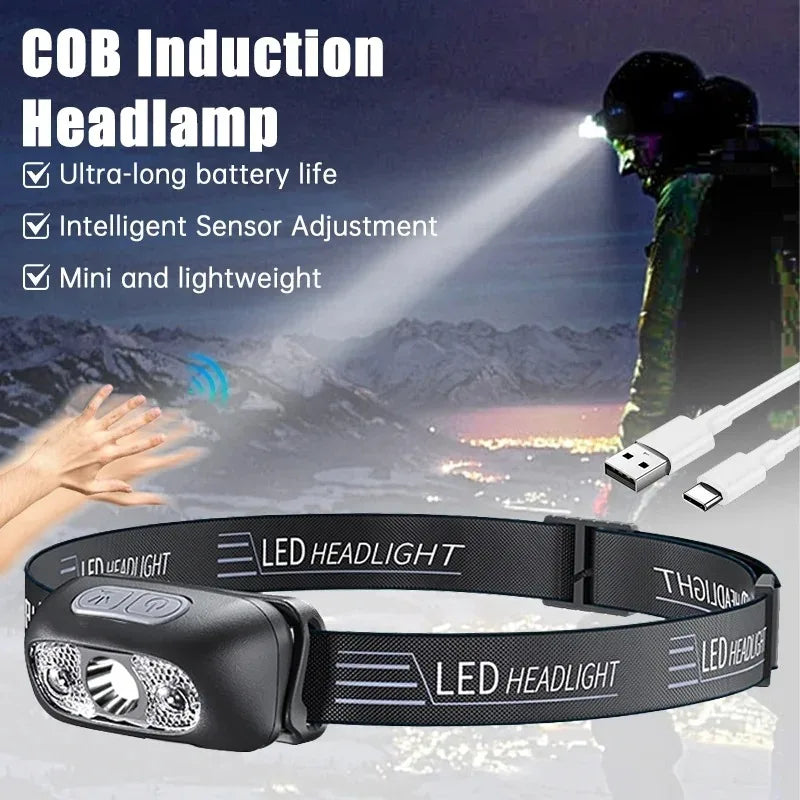 HOMEFISH Super Bright LED Headlamp USB-C Rechargeable Sensor Headlight Waterproof Flashlight for Camping Hiking Fishing Emergenc